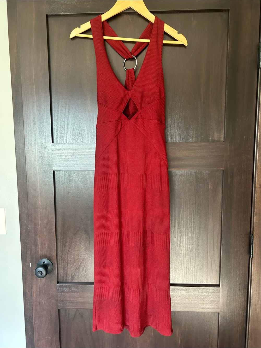 Free People Red Textured O-Ring Cutout Midi Dress (M)